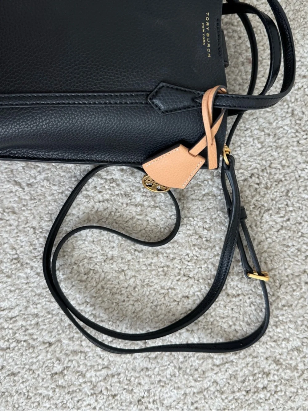 Tory Burch Perry Black Pebbled Leather Mini Crossbody with Tan Charm